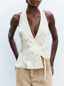 Maija 2025 Herbst Lässig Mode Urlaub Frauen Trägertop mit Schleifendesign, geeignet für Party, Hochzeitsgast, Musikfestival, Abschlussfeier, Brunch, Schulterfreies Top, Basis Top, Lässig Business Kleidung - Weiss - Übersicht 1