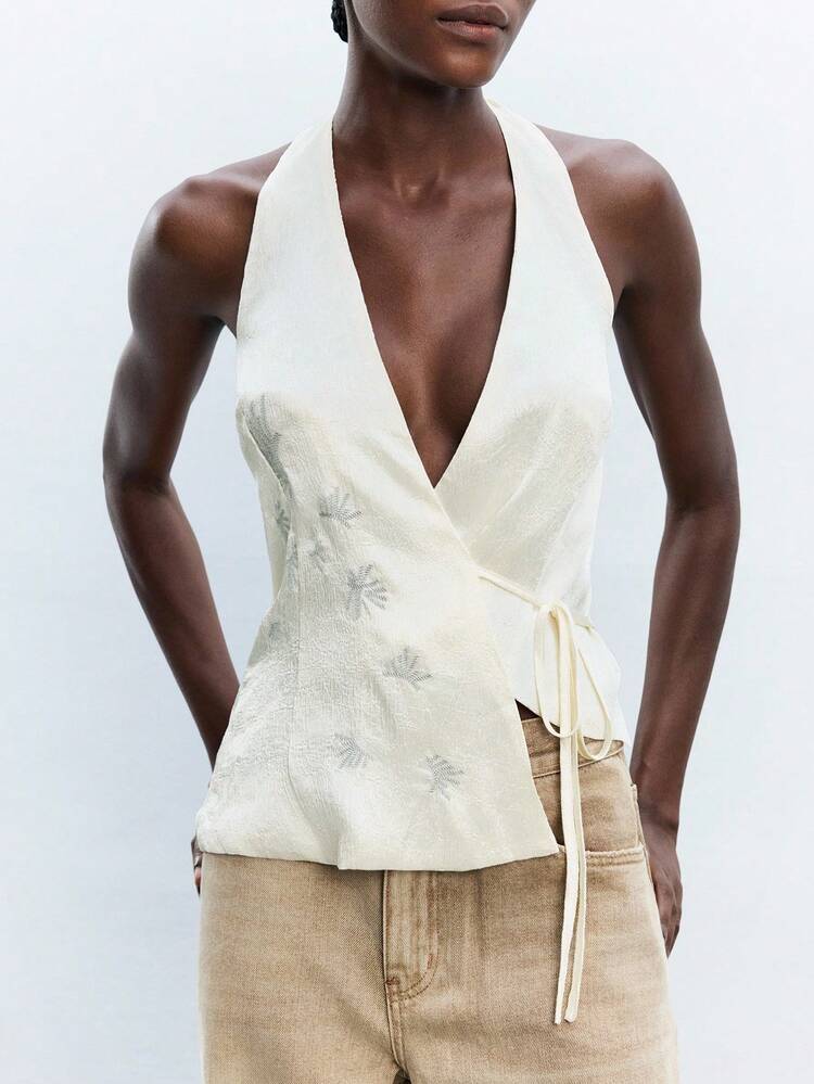 SHEIN Maija 2025 Autumn Casual Fashion Vacation Women's Halter Tie Design Tank Top, Suitable For Party, Wedding Guest, Music Festival, Graduation, Brunch, Cold-Shoulder Top, Basic Top, Casual Business Wear