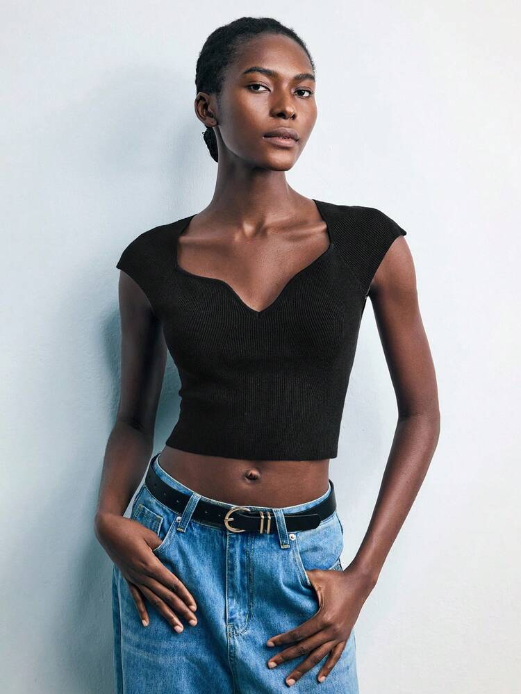 SHEIN Maija Spring & Summer Casual Elegant Basics Square Neck Cap Sleeve Fitted Knit T-Shirt, Suitable For Back To School Season Black Crop Top Women Crop Tops Y2k Black Crop Top Y2k Top Summer Tops,Business Casual Woman, Fall For Women,Winter For Women,Winter,Night Out,Going Out Tops Women, Night Out,Date Night,Old Money Style