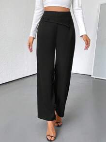 EMERY ROSE 女士优雅通勤休闲黑色装饰纽扣长裤 - 黑色 - 查看 4