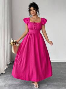 Elenzga Đầm suông nữ cổ vuông xếp lớp tay bèo nhún có nơ thiết kế phía trước phía sau, dáng ôm, dáng suông thanh lịch - Màu Hồng Tươi - Xem 6