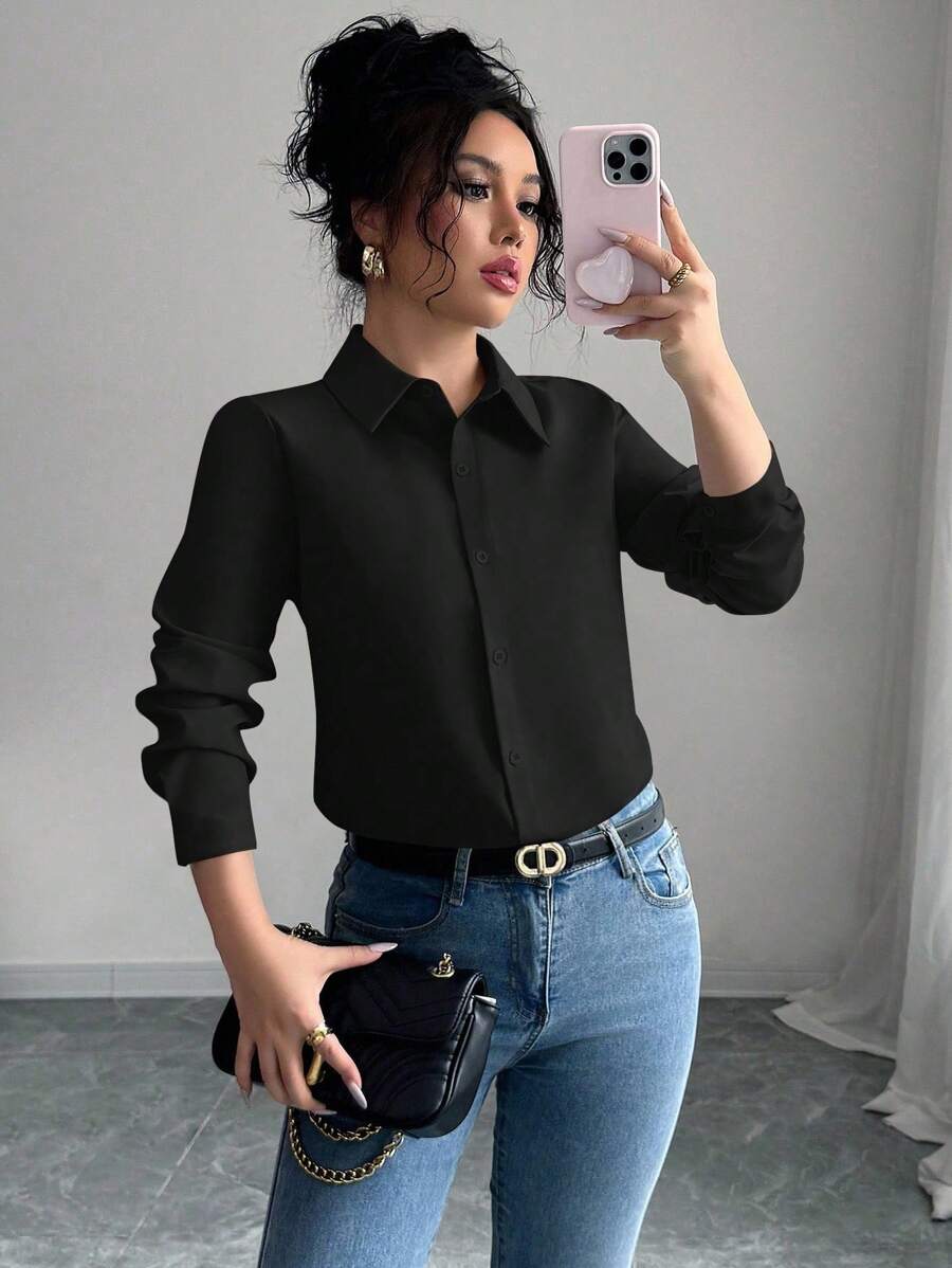 Elenzga Women's Solid Color Long Sleeve Single-Breasted Casual/Work Shirt Fall Cloth For Women - Black - View 1