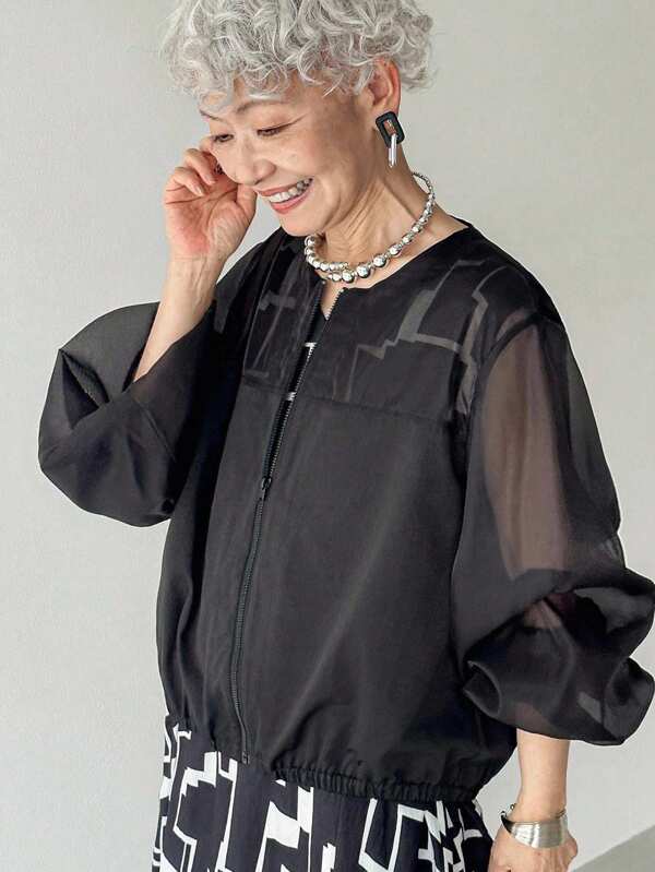 FRIFUL Women's Black Solid Color Patchwork Sheer Mesh Hem & Cuff Loose Casual Versatile Regular Jacket, Suitable For Outings, Travel, Vacation, Autumn/Winter,Fall Women Clothes