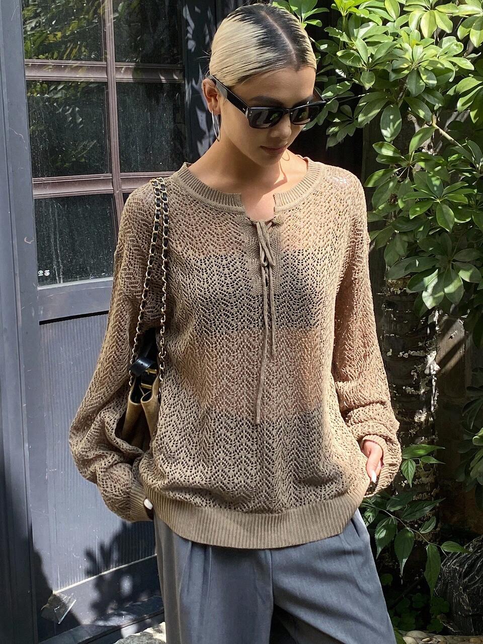 Women's Solid Color Loose Hollow Out Round Neck Tie Up Casual Street Knit Sweater, Autumn/Winter