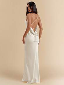 SHEIN BAE 奶油黄色纯色性感简约缎面不对称单肩镂空露背系带连衣裙，优雅连衣裙，婚礼宾客服装，海滩度假长裙，春夏 - 杏色 - 查看 1