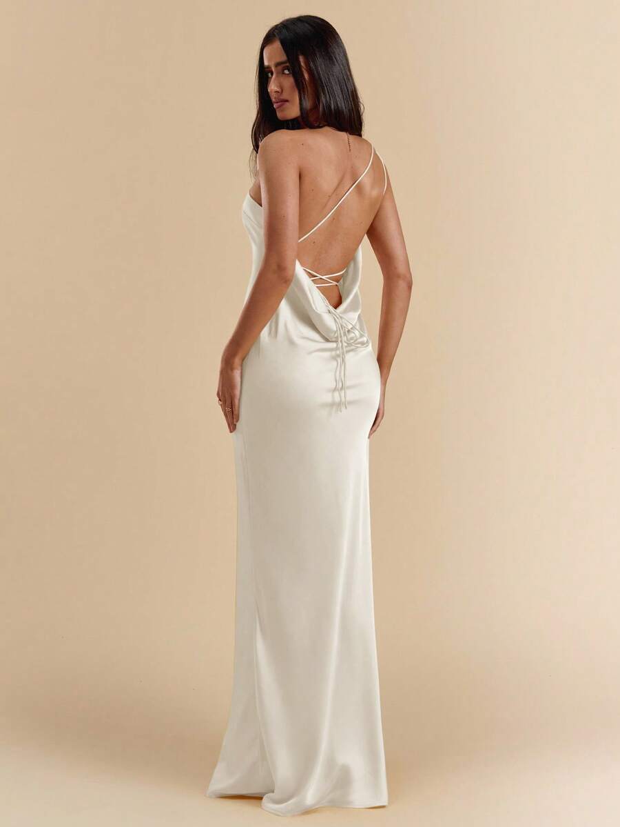 SHEIN BAE 奶油黄色纯色性感简约缎面不对称单肩镂空露背系带连衣裙，优雅连衣裙，婚礼宾客服装，海滩度假长裙，春夏 - 杏色 - 查看 1