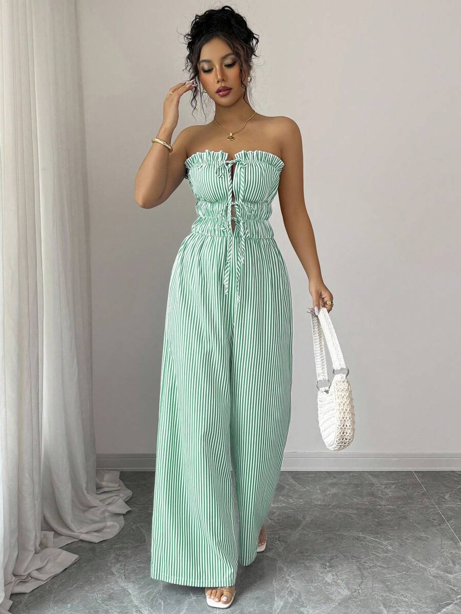 Elenzga 女士荷叶边前系带条纹阔腿连体裤 - 随机花卉图案 - 綠色 - 查看 1