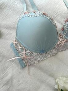 DelicateAllure 3/4 罩杯聚拢塑形透视刺绣交叉文胸，可爱纯真风格，浅紫色和粉色 - 淡紫色 - 查看 4