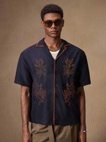 AKNOTIC Men's Navy Blue & Brown Floral Embroidered Slim Fit Short Sleeve Polo Shirt, Suitable For Summer, Autumn, Vacation, Daily Wear, Party, Couple Matching, Men's Gift