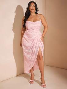 SHEIN BAE Christmas Plus Size Women's Summer Red Chiffon Split Thigh Graduation Dress/Halloween Plus Size Costume/Wedding Guest Dress Women Petite Dresses For Women