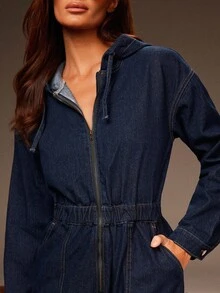 Athîral Women's Indigo Utility Jumpsuit With Zip-Front ,Hood & Side Pockets | Relaxed Yet Figure-Flattering One-Piece For Urban Nomadic Style,Suitable For Commuting,Leisure, Chic Autumn/Winter