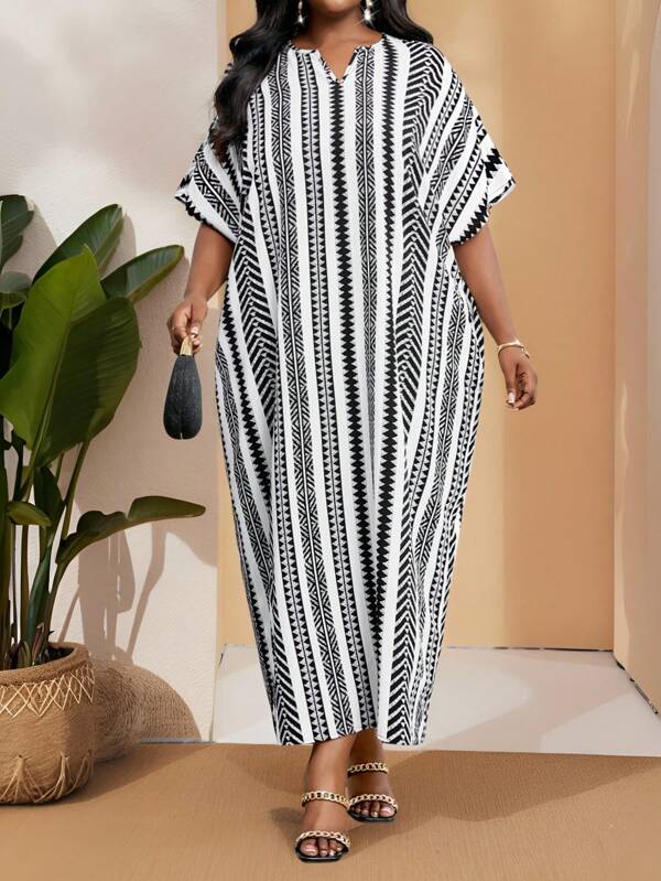 SHEIN Lady Vestidos de talla grande con manga corta, cinturón, escote con volantes tejidos en estilo elegante, casual y bohemio para primavera y verano