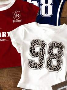 Áo thun cổ tròn dài tay thoải mái, ôm vừa vặn, họa tiết da báo, số 98 & 58, phong cách đường phố dành cho bé gái tuổi teen, thích hợp cho mùa hè - Nhiều màu - Xem 8