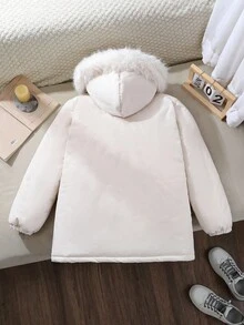 Tween Boy Solid Color Long Sleeve Zip Front Faux Fur Hooded Winter Jacket - Multicolor - View 2