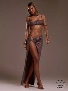 MUSERA Ruched Crop Top Extreme Side Split Detail Maxi Skirt Co-Ord Set Ibiza Fits Holiday Vacation Sexy Beach Romantic Elegant Occasion Birthday Boho Rafia Spring - Grey - View 2