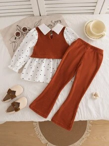 Girls' Spring/Autumn Korean Style Outfit, White Polka Dot Shirt With Collar, Brown Knit Vest With Bow Waist, Ribbed Knit Flared Pants, Simple Casual Commuter Suit Girls 2 Piece Outfit Fall Little Girl Autumn Suit Burnt Orange Toddler Suit Toddler Girl Fall Outfit Orange Two Piece Set Kids Winter - Brown - View 2