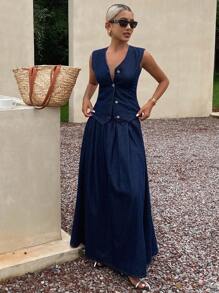 DAZY 洗水牛仔V领背心和迷你裙女式牛仔套装 - 深色水洗藍 - 查看 1