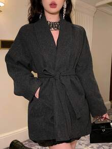 DAZY 女士宽松优雅纯色夹克，适合秋冬季节穿着 - 灰色 - 查看 1