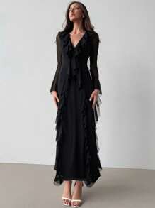Aloruh Women's Fashion Elegant Arabic Style Long Sleeve Dress Black Knitted Dress Date Party Business Commuting Casual Simple Solid Color Dress Mesh Deep V Neck Sexy Ruffle Hem Romantic Dress Maxi Dress Bodycon Dress,Suitable For Spring And Summer,Graduation,Teacher Outfits For Women,Teacher Dress