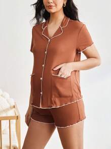 Moonlight&Mama Conjunto de pijama de top de manga corta de un solo pecho acanalado y pantalones cortos para maternidad - Café integral - Ver 5