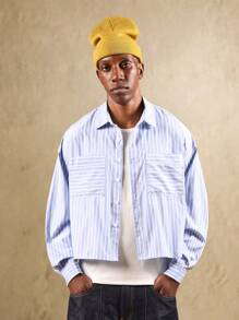 Camisa abotonada corta SUMWON con patrón de rayas, bolsillos parche, estilo de ropa de trabajo con doble bolsillo en el pecho, manga larga, ajuste holgado, uso casual, moda callejera de primavera y otoño, liso - Azul y blanco - Ver 7