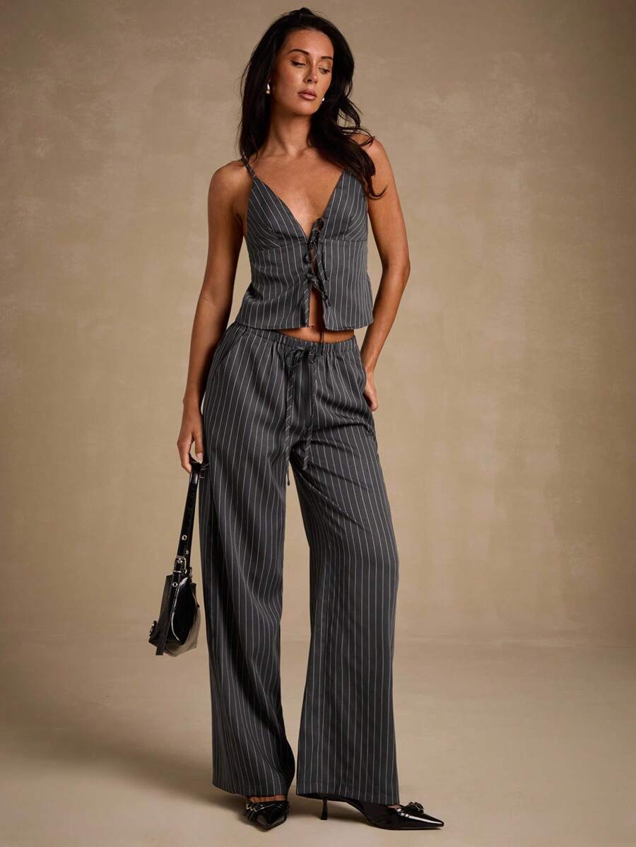 Glamine 女士时尚优雅条纹吊带背心，修身系带背心 - 灰色 - 查看 1