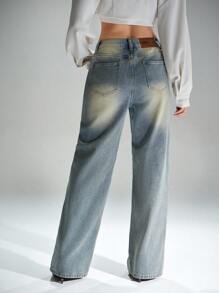 Denimoi Baggy Fit Wide Leg Cut Out Vintage Wash Denim Jeans - Medium Wash - View 4