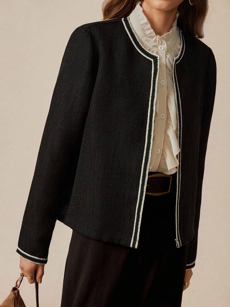 Florisole 女士优雅通勤休闲波西米亚风黑色长袖夹克 - 黑色 - 查看 1