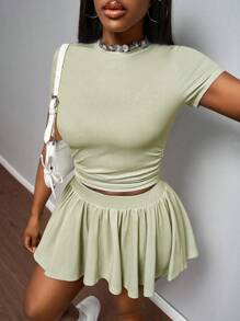 Slaydiva Damski, swobodny, jednokolorowy, marszczony T-shirt i mini spódniczka, 2 częściowy komplet, lato - Zielony - Zobacz 5