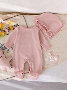 女婴简约花卉蕾丝羊毛连体睡衣套装，甜美时尚，适合秋冬 - 粉色 - 查看 2