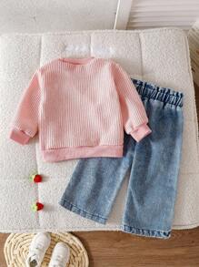SHEIN Vintaside Kids 2pcs Baby Girl Autumn/Winter Knitted Sweater With Red Strawberry Pattern + Denim Pants Set Fall - Pink - View 2