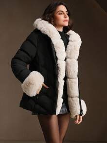 Anewsta Thick Fluffy Fur Collar Quilted Women's Winter Jacket - Black - View 4
