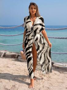 Swim Vcay Women's Summer Vacation Zebra Print Sheer Long Kimono Cardigan