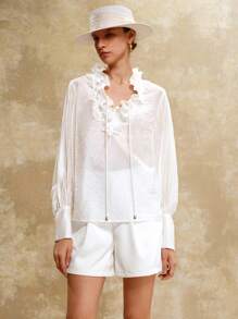 Arave French Lace V-Neck Ruffle Hem Lantern Sleeve Blouse For Women Fall Women Clothes Fall Outfits Women Fall Autumn Clothes All White - White - View 4