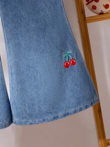 2件套女童甜美可爱夏季蝴蝶结吊带背心和牛仔喇叭裤，饰有樱桃刺绣，甜美风格女童套装 - 粉色 - 查看 7