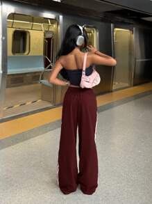 Muchica Women's Burgundy Elastic Waist Side Striped Wide Leg Loose Casual Pants