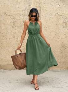 SHEIN Frenchy 女式休闲简约锁孔领纹理度假连衣裙，夏季 - 綠色 - 查看 3