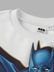 BATMAN X SHEIN 小男孩卡通人物印花白色宽松圆领落肩卫衣，秋冬