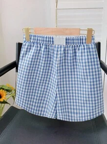 SHEIN Tall CURVE Quần short kẻ sọc dệt màu đỏ thời trang cỡ lớn dành cho nữ vào ngày lễ tình nhân mùa hè - Màu xanh nhạt - Xem 3