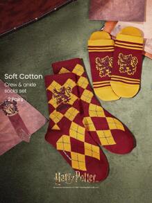 GLOWMODE X Harry Potter 2-Pack Soft Comfy Jacquard Embroidered Anti-Chafing Cotton Blend Crew Socks & Ankle Socks Set Daily Casual - Burgundy - View 8