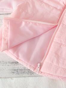 SHEIN Girls Casual Fitted Quilted Faux Fur Collar Long Sleeve Jacket, Pink, Winter Girls Spring Jacket Girls Pink Jacket Kids Pink Jacket Toddler Girl Jacket Childrens Lightweight Jacket - Pink - View 7