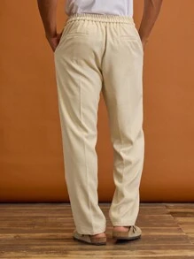 Musero 男士锥形九分褶裥西裤，翻折式系带，春夏度假休闲正装剪裁 - 杏色 - 查看 4