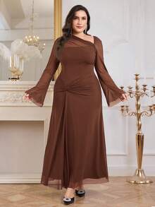 Modelyn Đầm dài tay thường ngày phối lưới trơn cỡ lớn tương phản Đầm dạ hội dài - màu nâu - Xem 5