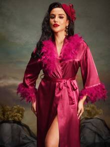 Women's Fuzzy Patchwork Long Sleeve Tie-Waist Nightgown RetroStyles DarkRomance