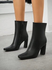 SHUZIA #RunwayReady Women's 3.5'' Slanted Block Heel & Sleek Square Toe Pu Black Ankle Booties–A Chic, Versatile Essential For Day-To-Night Looks With Modern Edge & All-Day Comfort. - Black - View 2