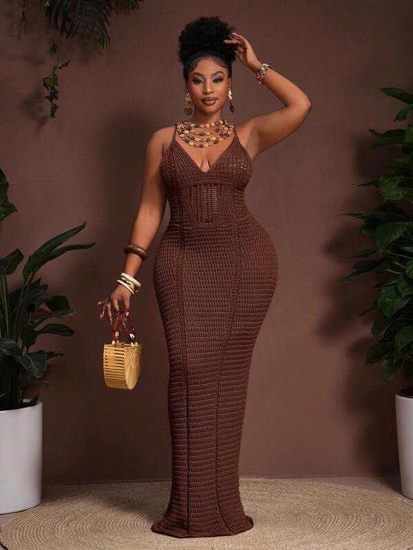Slaydiva 2025 Spring/Summer New Bohemian Vacation Casual Party Khaki Knitted Waist Hollow Sheer Slip Dress, Plus Size Women Brown Bodycon Maxi Dress Knit Maxi Dress Crochet Maxi Dress Brown Crochet Maxi Dress Brown Knit Maxi Dress Winter Fall Autumn
