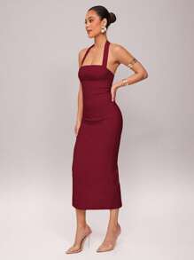 Silquee Early Spring Solid Yellow Romantic Valentine's Day & Date Night Vacation Women's Solid Color Ruffle Hem Halter Cotton Linen Dress, Linen Valentine's Day Dress, Party Dress, Romantic Date Dress, Wedding Bridesmaid Mini Dress, Formal Ball Gown Dress, Daily Commute Dress, White Dress, Birthday Mini Dress, Vacation Dress, Bodycon Midi Dress Midi Dress Halter Midi Dress Tight Midi Dress Elegant Midi Dress Bodycon Dress - Burgundy - View 7