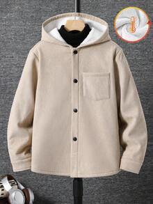 SHEIN 男童休闲韩版可爱胸贴袋保暖防风外套，适合上学、花园、海滩、生日等场合，春、夏、秋、冬皆宜，男童冬季外套，男童灯芯绒外套，男童保暖外套，男童秋季外套 - 卡其色 - 查看 3