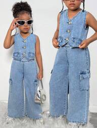 Young Girls 2pcs Casual Washed Denim Vest And Jeans Outfit Set,Fall Kid's  Casual And Comfortable  Wear