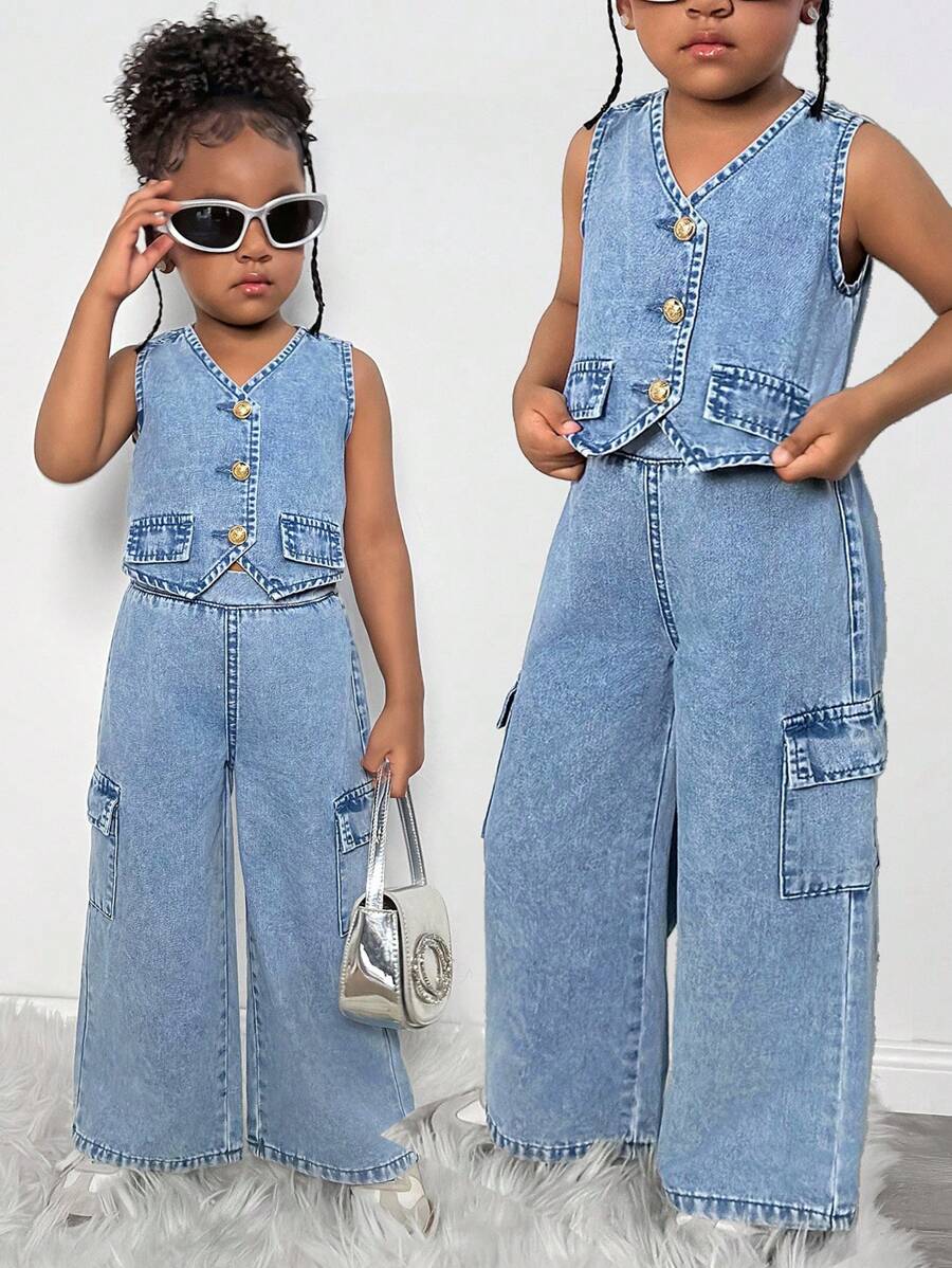 少女休闲水洗牛仔背心和牛仔裤两件套 - 中等水洗藍 - 查看 1